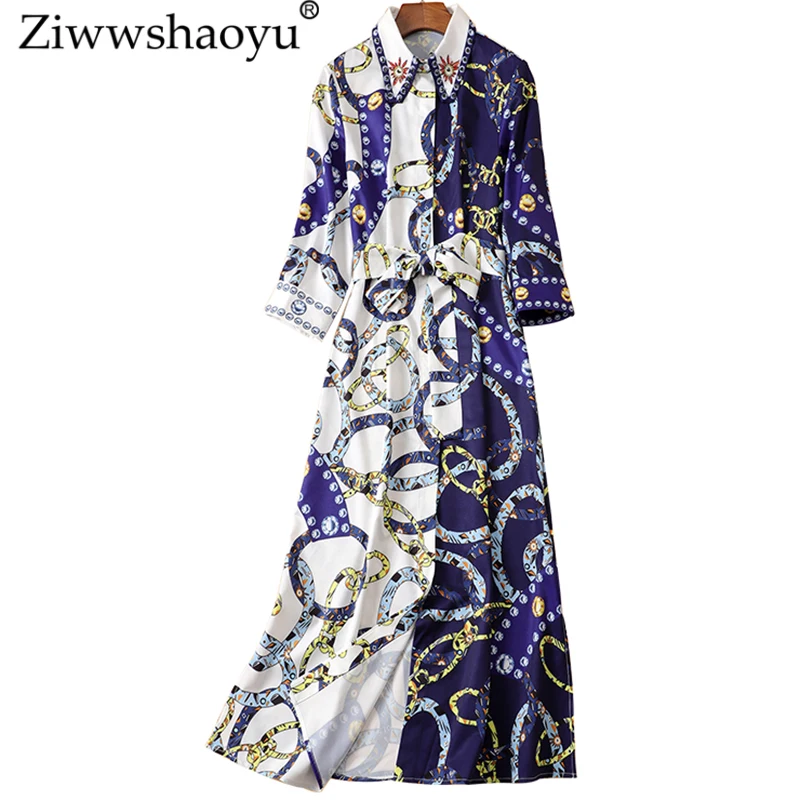 

Ziwwshaoyu Elegant Print Single-breasted dresses Turn-down Collar Diamonds Sashes dress Spring and summer new women's