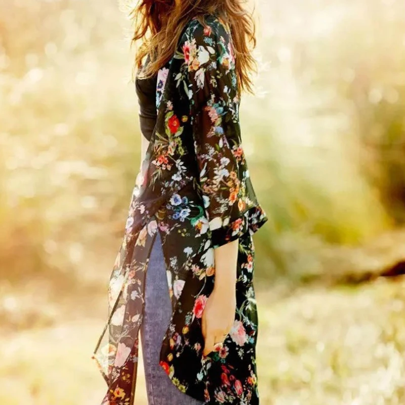 Boho Vintage Women Floral Loose Shawl Kimono Cardigan Chiffon Coat Cover Up Tops