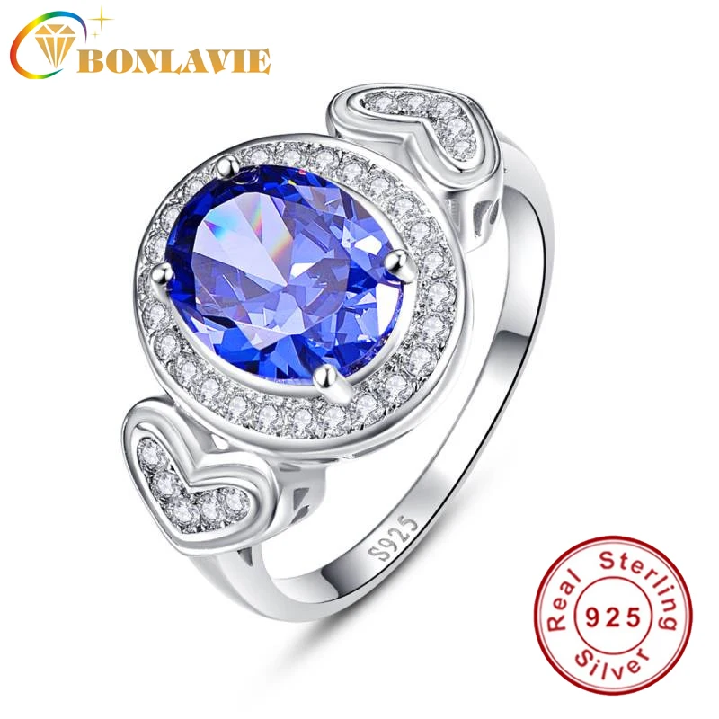 BONLAVIE Bague Femme De Marque De Luxe 4.3ct Sapphire Ring Silver Love Heart Oval Tanzanite Ring 925 Sterling Silver Rings