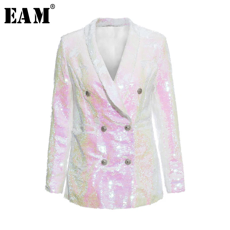 

[EAM] 2019 New Autumn Winter Lapel Long Sleeve Sequins Blingbling Buckle Temperament Loose Jacket Women Coat Fashion Tide JY759