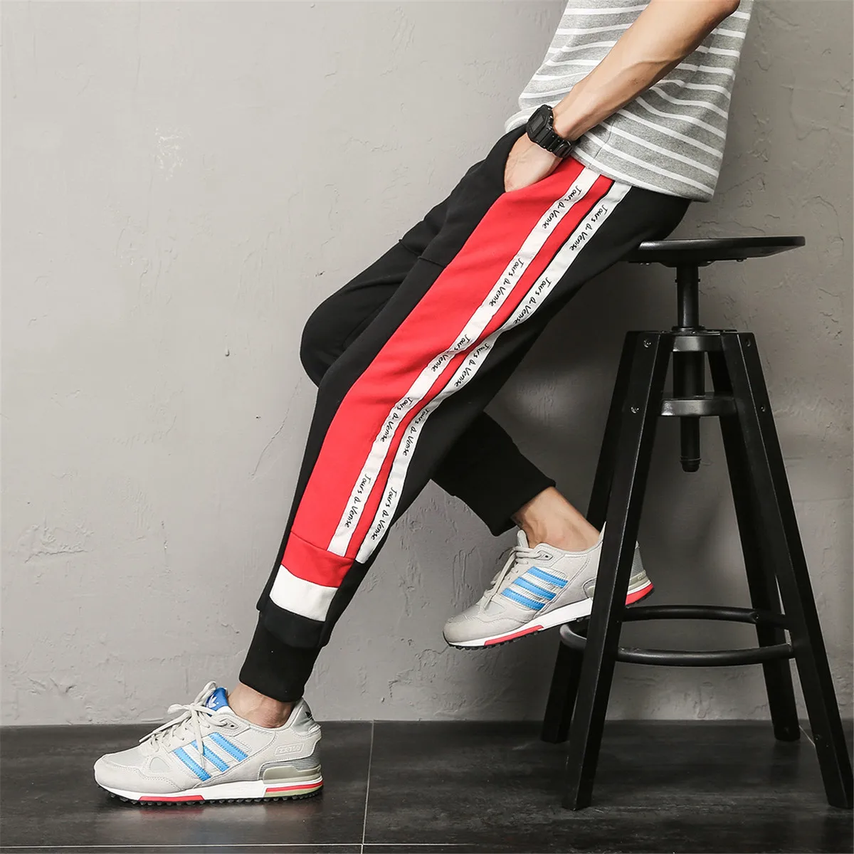 2018 New Korean Men Fashion Casual Loose Solid Color Side Stripe ...