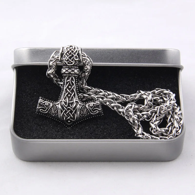 Dropshiping Huge Wolf Thor hammer necklace Mjolnir Viking Amulet Hammer Pendant Norse Jewelry with stainless steel chain