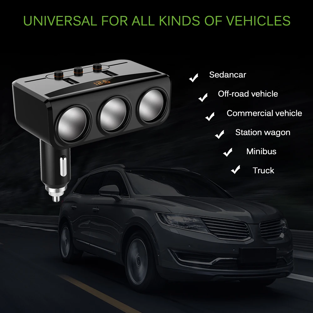 Универсальный 3-Way 100W разветвитель гнезда прикуривателя 12 V-24 V адаптер питания Макс 5V 3.1A 2 USB Автомобильное зарядное устройство с вольтметром lcd