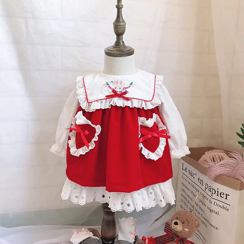 New Arrive Autumn Winter Baby Girls Lace Princess dresses Set Kids Formal Sweet Vintage Spanish Ball Gown Bow Dress Cotton Party |