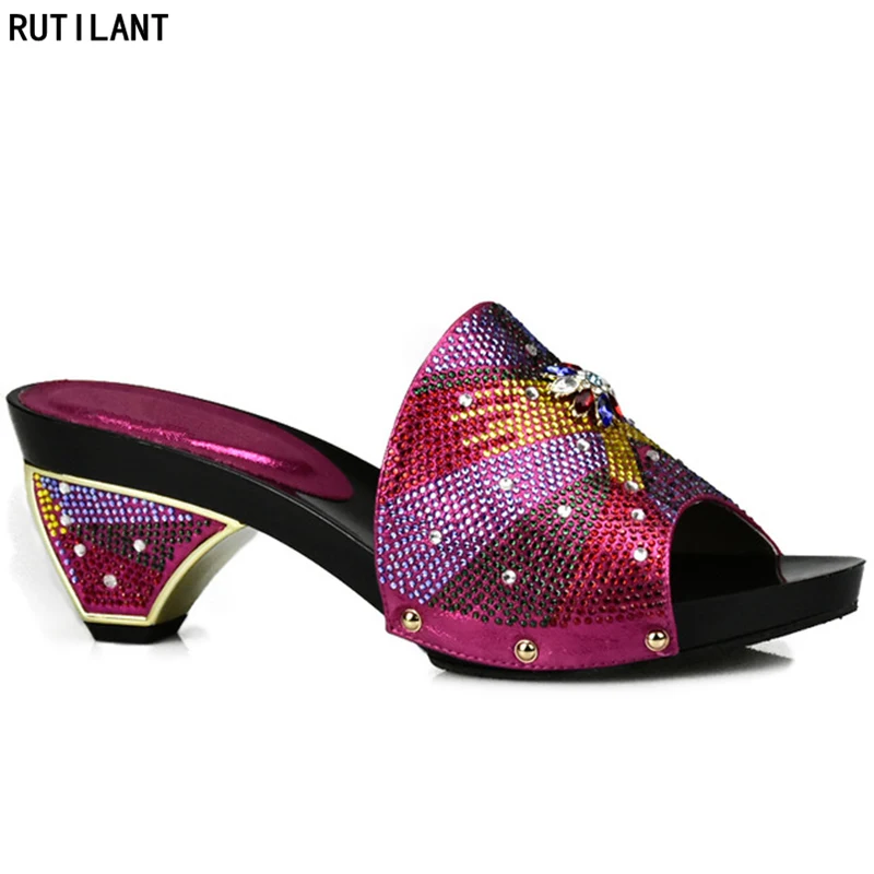 

Fuchsia Color Elegant Rhinestone Wedding Shoe Italian Women Sandals Shoe for Party African Wedding Low Heels Slip on Women Pumps