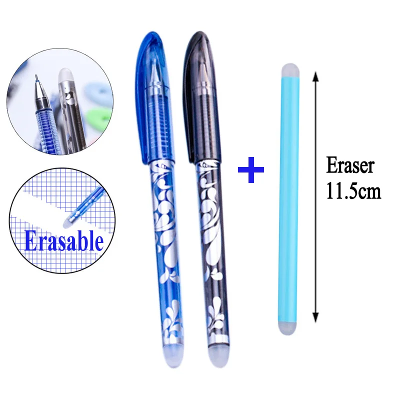 

DELVTCH 2pcs Erasable Pen +1pcs Eraser 0.5mm Blue BlackGel Refill Ink Pen Student Writing Handle Tools Office Stationery Supply