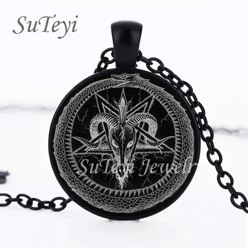 

Fashion Inverted Pentagram Goat Pan God Skull Head Pendant Necklace Satanism Metal vintage silver star statement Glass Jewelry