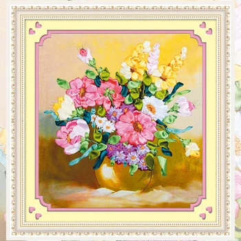 

Ribbons Embroidery Flowers Decorative Canvas Painting Colored HD Prints Needlework Cross Stitch Kit DIY Sewing Crafts C-0081