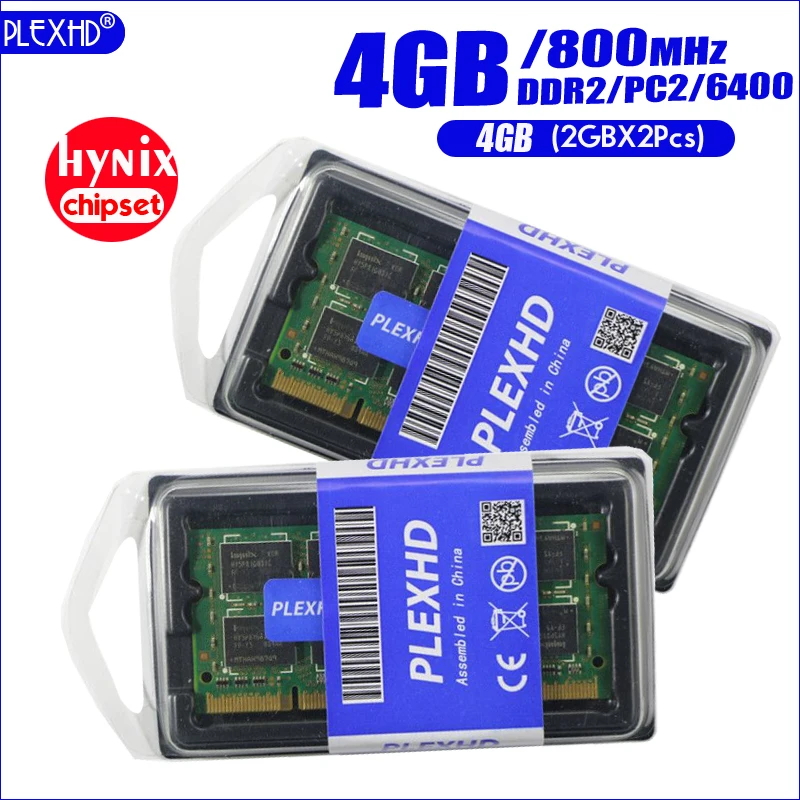 PLEXHD 4G 4 Гб(2GBX 2 шт) DDR2 pc2 6400 800 МГц 2RX8 память для ноутбука 4 Гб pc2-6400S ddr2 800 МГц 200pin оперативная память для ноутбука(чипсет hynix