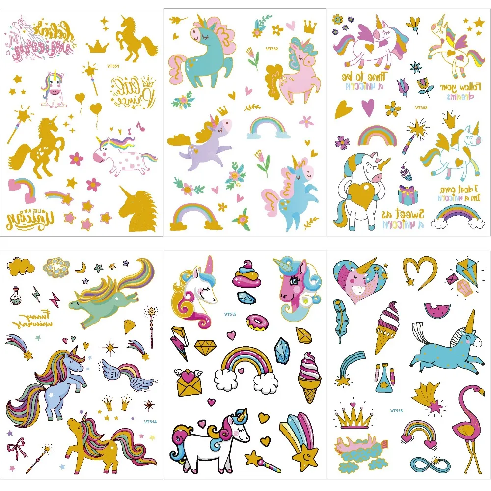 6pcs/pack kids tattoo sticker children horse tattoo cartoon unicorn tattoo kids glitter gold tattoo waterproof girl tatoo fake