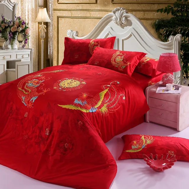 Buy Chinese wedding Bedding Set Red Dragon Bed Linens Bed Sheet Set Bedclothes