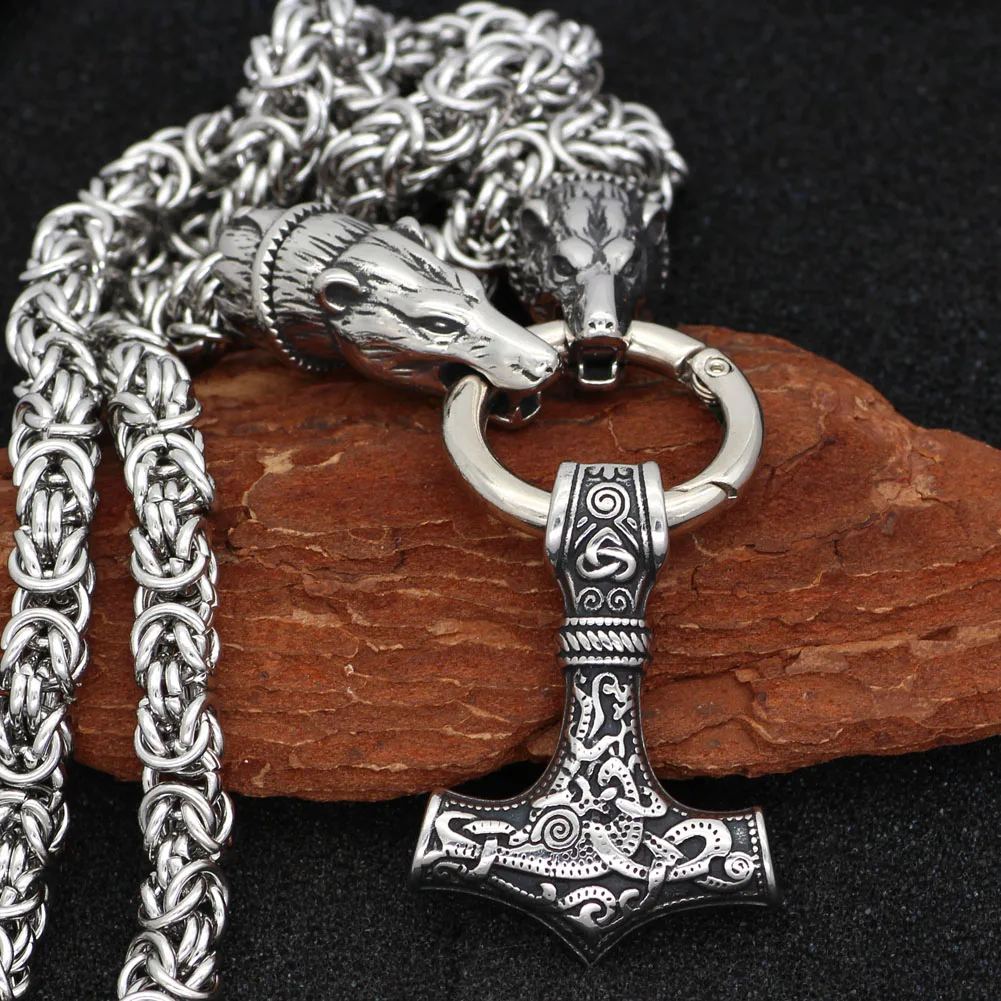 

Men stainless steel bear head norse viking amulet pendant necklace handmade chain