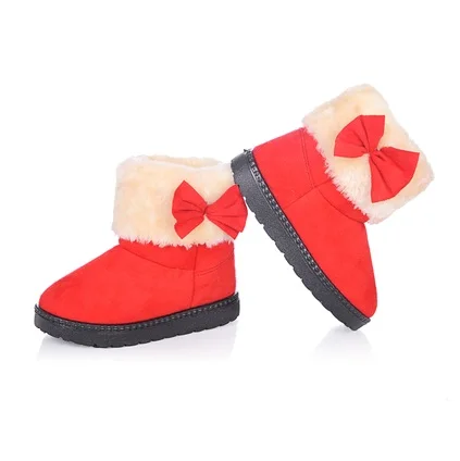 Ботинки для девочек с бантом меховая Толстая теплая детская обувь г. Новая обувь для девочек, детские хлопковые ботинки наивысшего качества детские зимние ботинки - Цвет: Красный
