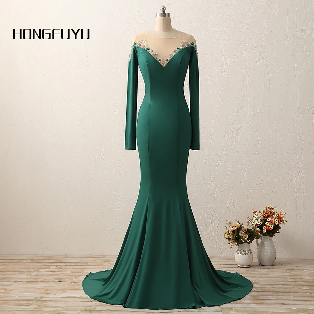 

100% Real Photo Satin Mermaid Scoop Neck Long Evening Dresses 2019 Long Sleeves Beaded Floor Length Evening Dress SML52501