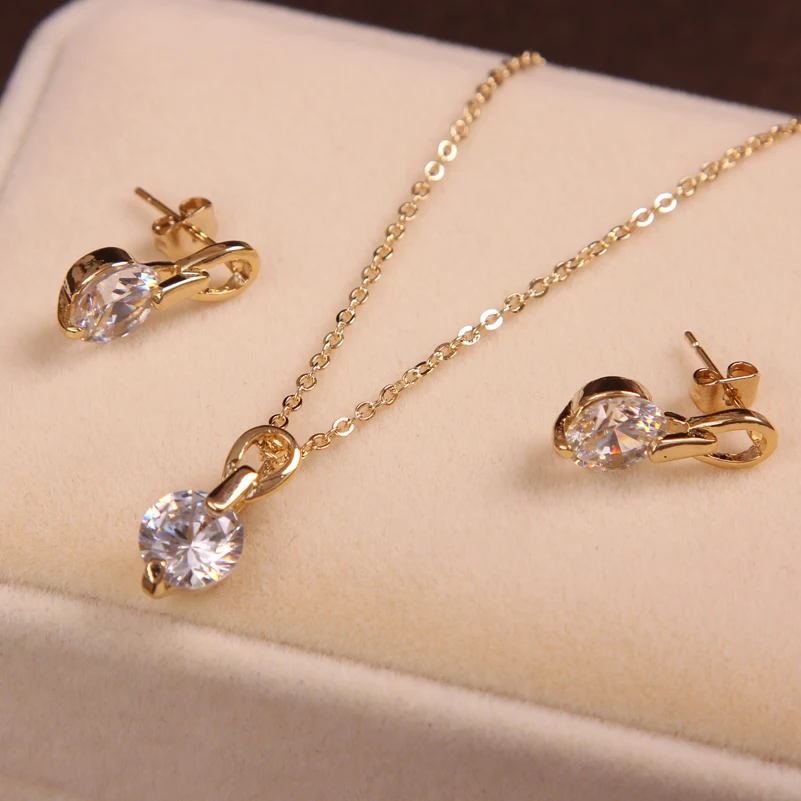 

Wedding Jewelry Sets Golden Platd Chain CZ Stone Pendant Necklaces + Stud Earrings Woman Wholesale African Jewelry Sets Gift