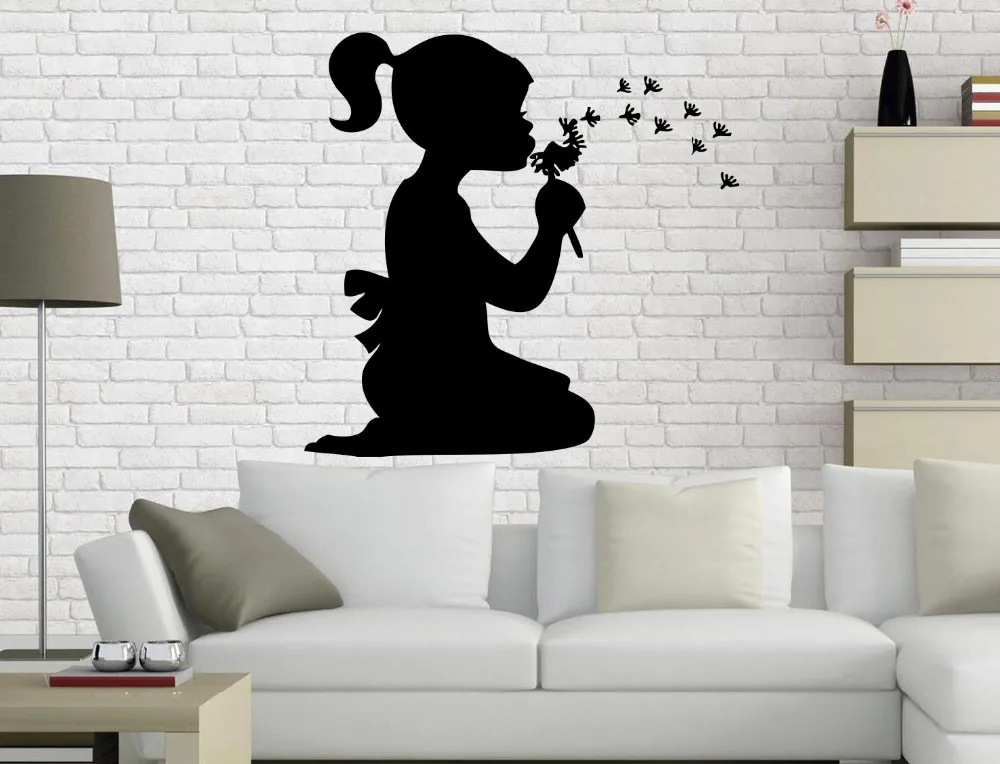 Fashion Self Adhesive Wall Stickers Blowing Dandelion Girl Creative