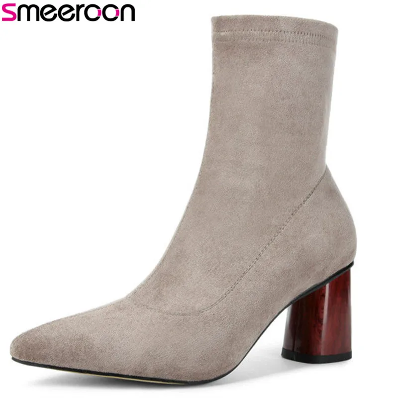 

Smeeroon 2018 new arrival fashion autumn women boots Zipper pointed to high quality high heels ankle boots flock boots