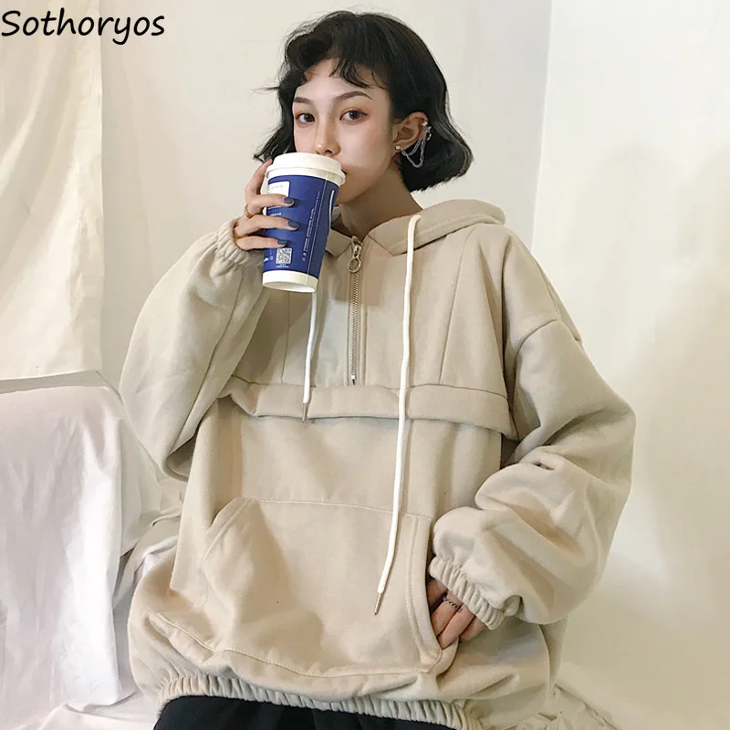 Online Sudaderas con capucha para mujer holgadas color sólido Simple all match estilo coreano invierno más grueso sudaderas de abrigo de terciopelo para mujer de moda