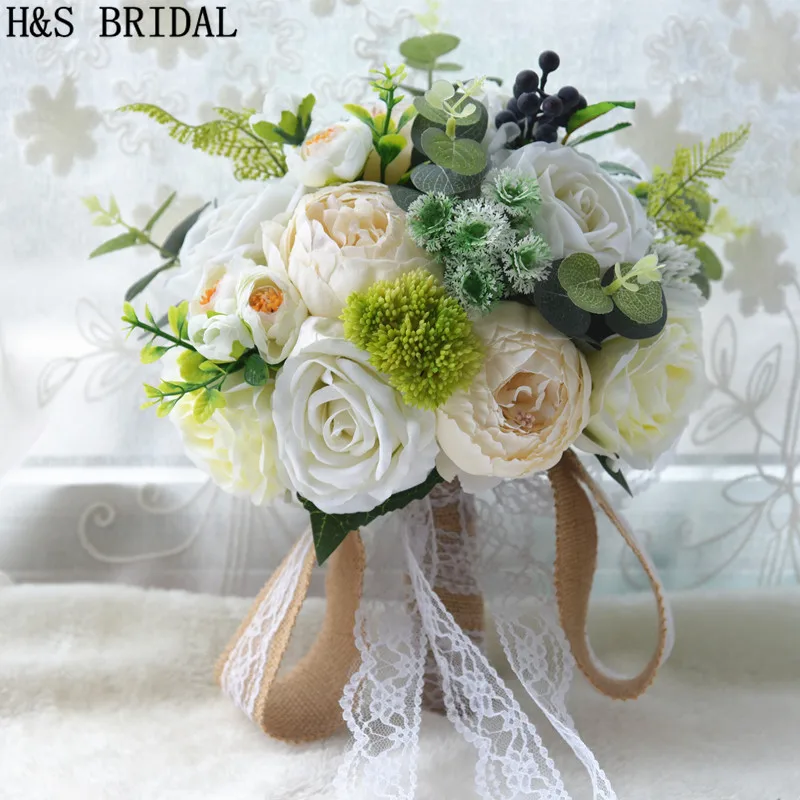 H S Bridal Ivory Wedding Bouquet Rose Flowers Bouquet Artificial