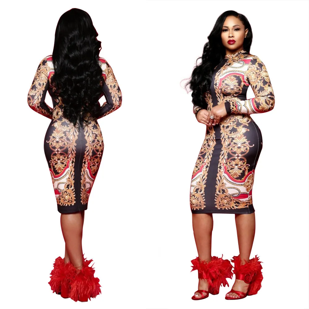 

Women's Fashion Classic Black Gold Print Long Sleeve Crew Neck Dress