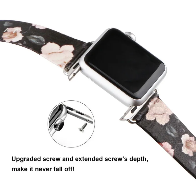Черный кожаный ремешок для Apple Watch Band Series 3 2 1 розовый цветок печати ремешок для часов браслет для iwatch 38 мм 42 мм с адаптерами