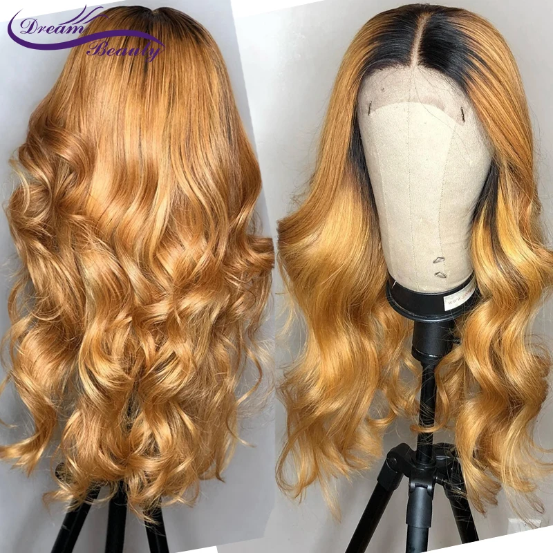 Honey Blonde Human Hair Wig With Baby Hair Preplucked Glueless Lace Front Wig wavy Remy Hair 180 Desnity Lace wigs Dream Beauty