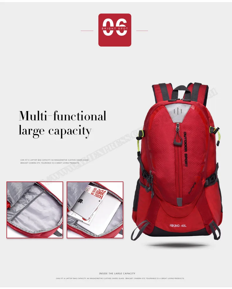 Hot Sale Red/green/balck 40L Outdoor Mountaineering Bags Water Nylon Shoulder Bag Men And Women Travel Hiking Camping Backpack