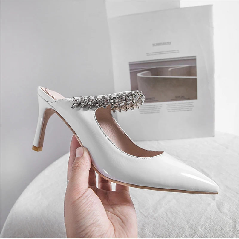 

Newest Design 8cm High Heels Crystal Chain Decoration Women Brief Mules Elegant Women Outside Slippers Shoes