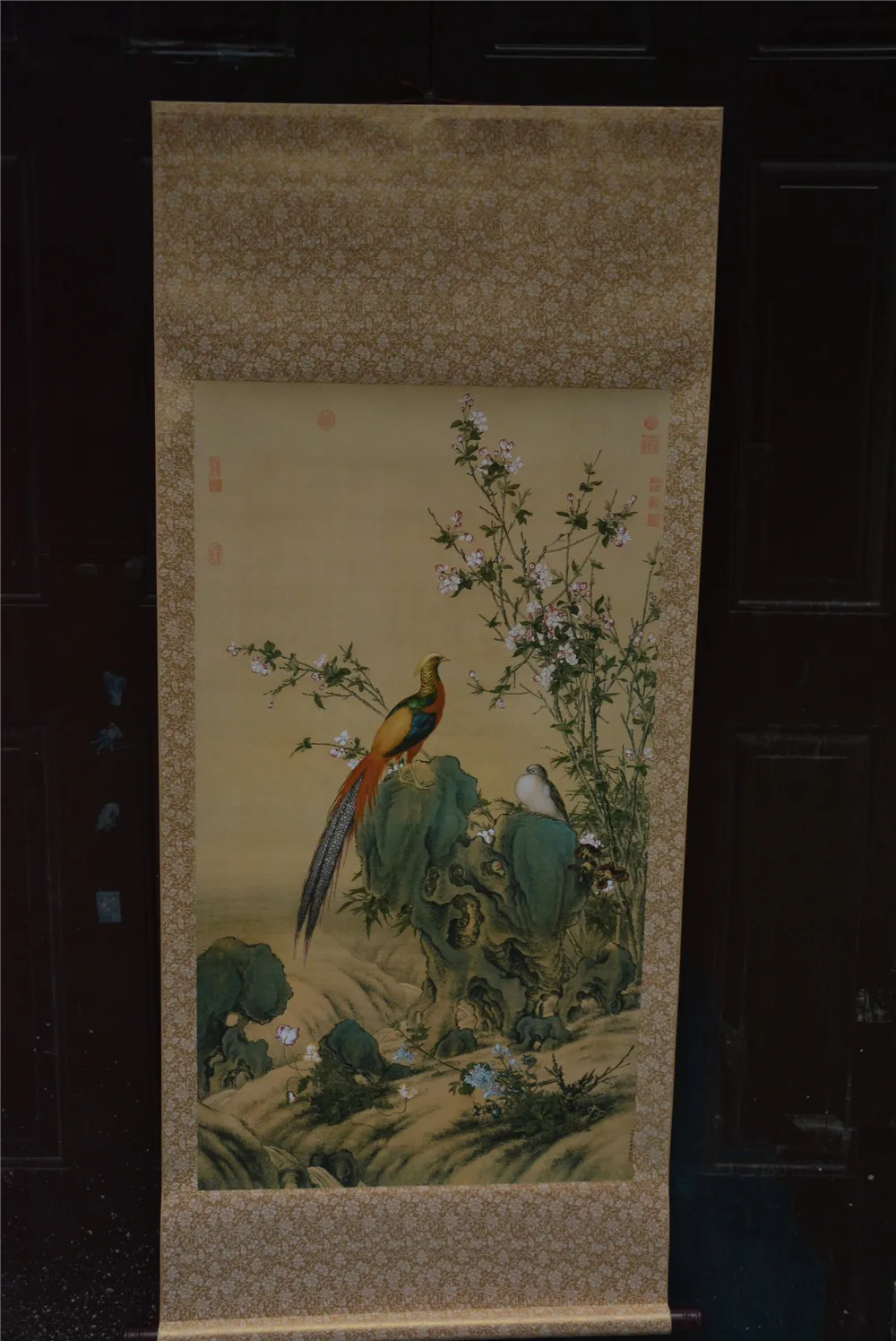 

Antique Hand-painted Chinese paintings, long axis of the Qing Dynasty in China,Flower&bird,Free shipping