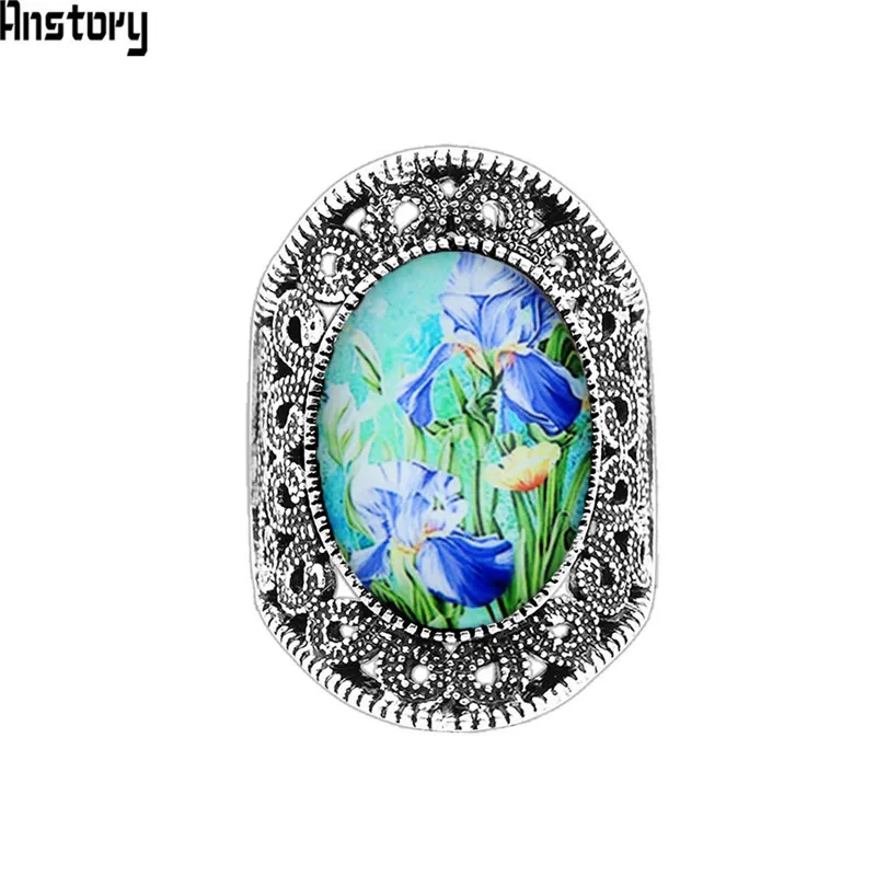 

Oval Daffodil Rings For Women Antique Silver Plated Resin Bead Flower Plant Fashion Jewelry TR685