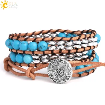 

CSJA Multilayer Wrapped Bracelets Bangles Blue Turquoises Howlite Beads Two Row Leather Handmade Braided Jewelry for Women F611