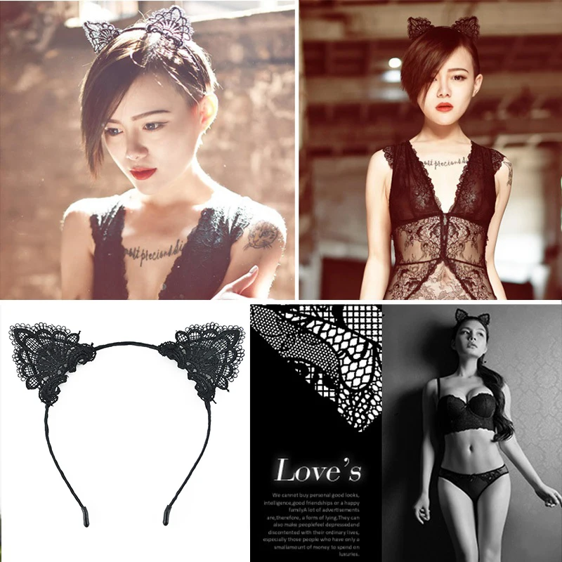 

Black Lace Sexy Adult Pussycat Ears Night Headband Hair Clips Women Girls Hairband Fancy Dress Costume headbands Accessories