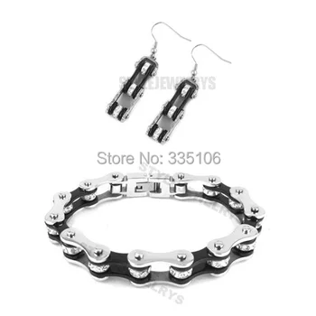 

Free shipping! Bling Silver & Black Bicycle Chain Motor Earring and Bracelet Stainless Steel Jewelry Women Biker Set SJB0151L