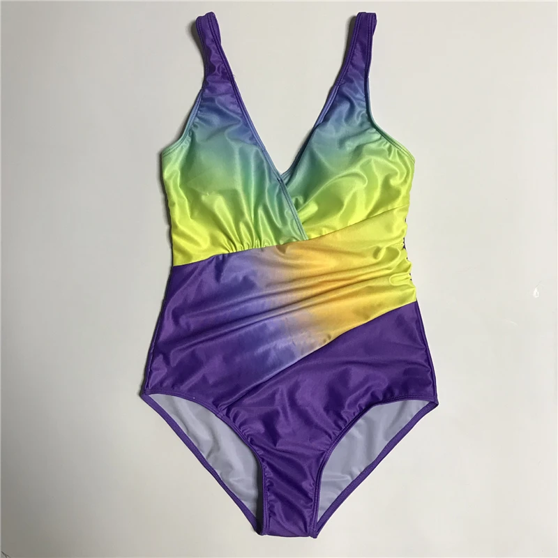 Sexy Rainbow Print One Piece Swimsuit Swimming Suit for Women Beach Wear Bathing Swimwear Bikini Woman Clothes Plus Size XXXXL - Цвет: Purple Multicolor