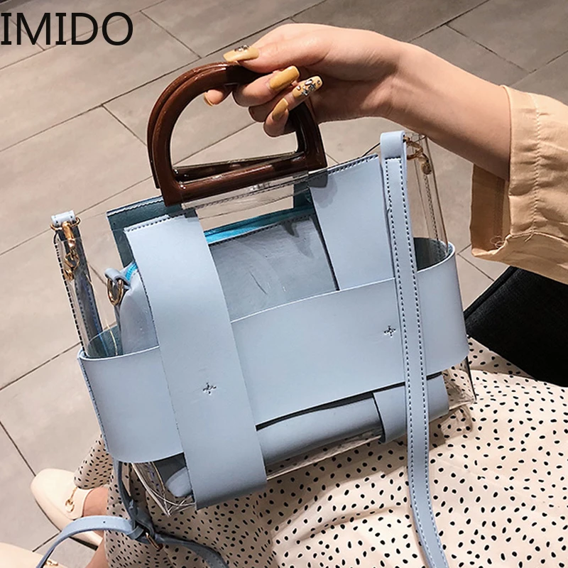 IMIDO شفافة حقيبة يد المرأة مركب أكياس 2019 جديد أزياء 2 قطعة الإناث أعلى-هندل حقيبة كتف Bolso موهير مصمم الفاخرة