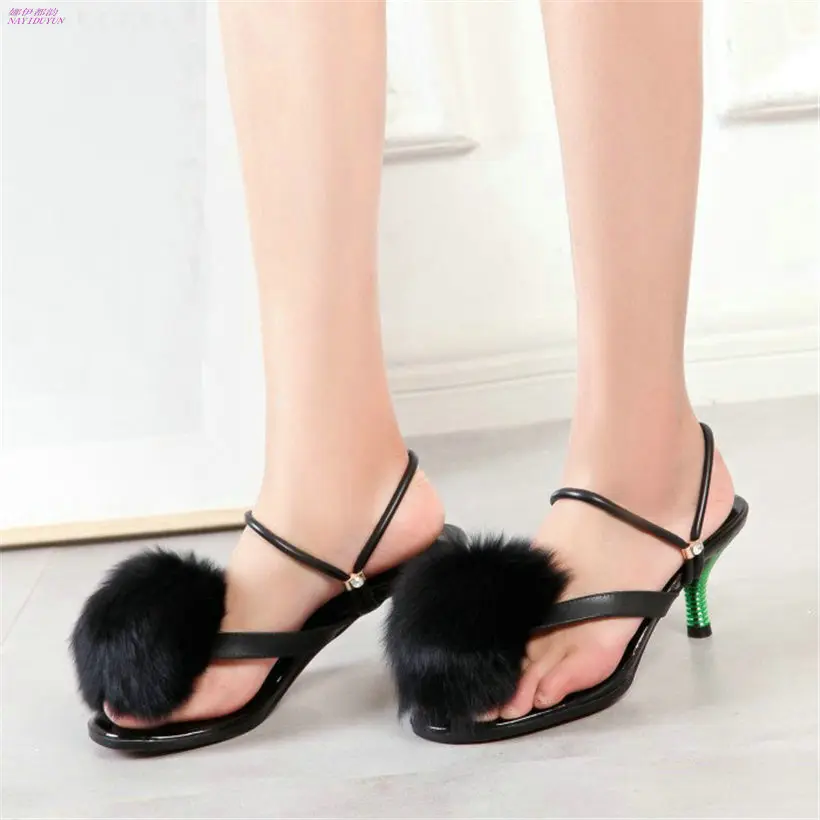 

NAYIDUYUN Rabbit Fur Shoes Women Cow Leather High Heel Roman Gladiator Sandals Ankle Strap Party Pumps Summer Wedding Shoes