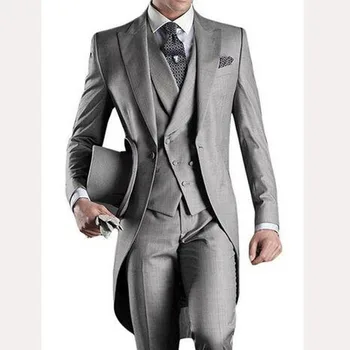 

2018 Light Gray Wedding Groom Tailcoat Peaked Lapel One Button Mens Suits 3 Piece Tuxedos men Suit masculino Jacket+Pants+Vest