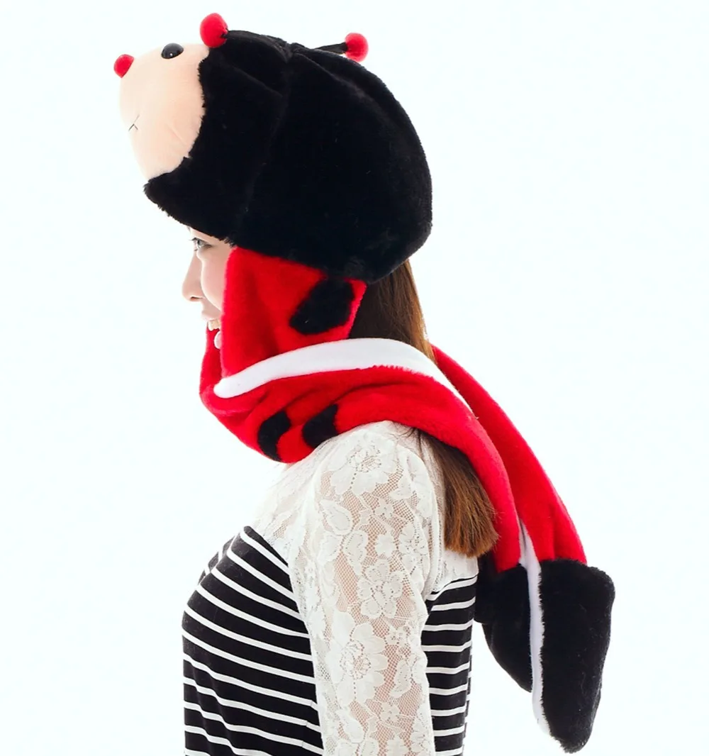 Милая Красная божья коровка, плюшевые шапки с рисунками животных, перчатки для женщин, мужчин, подростков, детей, мальчиков, девочек, зимняя шапка, Рождество