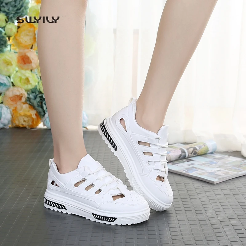 SWYIVY Woman Sandals White Shoes Sneakers Summer 2018 Female Casual Shoes Hallow Breathable Lacing Flower Woman Sandals  40 Size