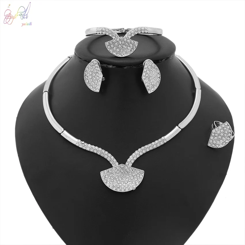 

YULAILI Necklace Bracelet Earrings Ring Jewelry Sets for Women Wedding Bridal Party Accessories Zircon Stone