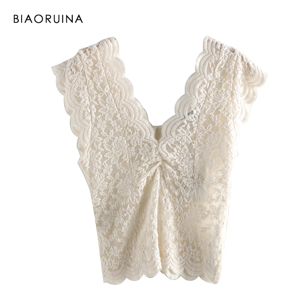 

BIAORUINA Women Beige Lace Patchwork Embroidery Tank Tops Female Sexy Hallow Out Double V-neck Tops Ladies Chic Elegant Tops