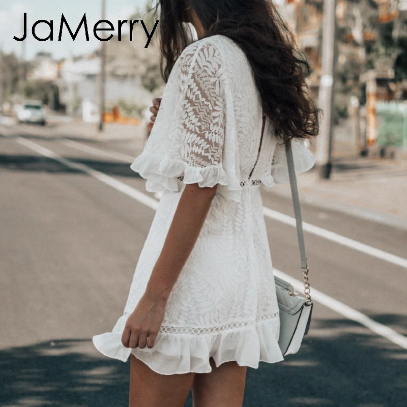 JaMerry винтажное платье с рюшами кружевная отделка вышивкой женское высокой талией