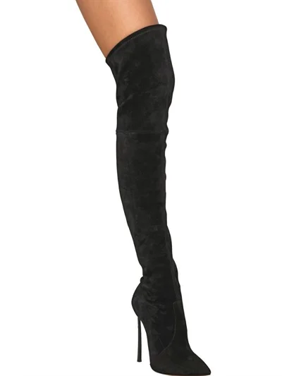Big Plus Size Women Boots Over The Kee Black Genuine Leather Lady High Heels Shoes Sexy Pointed Toe Elastic Boots Thin Footwear 