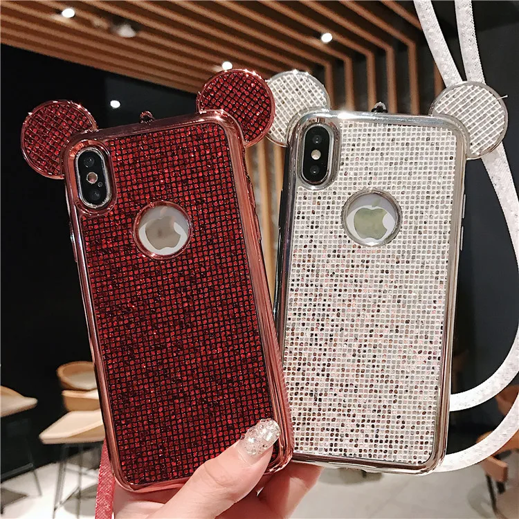 Милый блестящее со стразами чехол с ушками Микки для iPhone XS MAX XR X 8 7 6S 6 Plus длинный