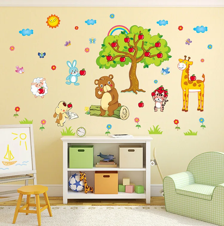 Calcomanias De Pared De Animales Bajo El Arbol De Manzana Para