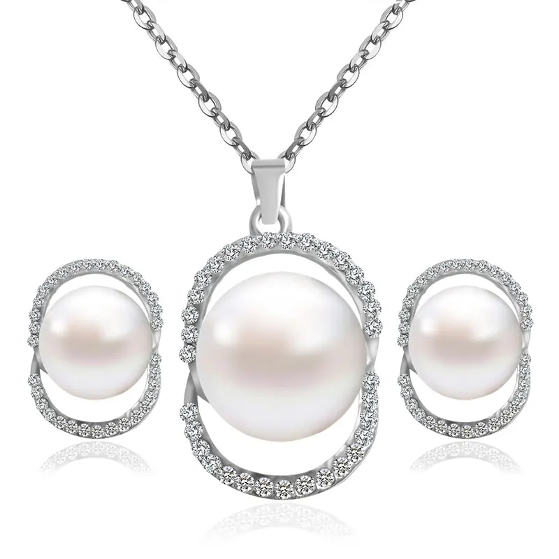 

F&U Romantic Style Silver Color Crystal with Pearl Necklace and Earrings Jewelry Set for Wedding S002