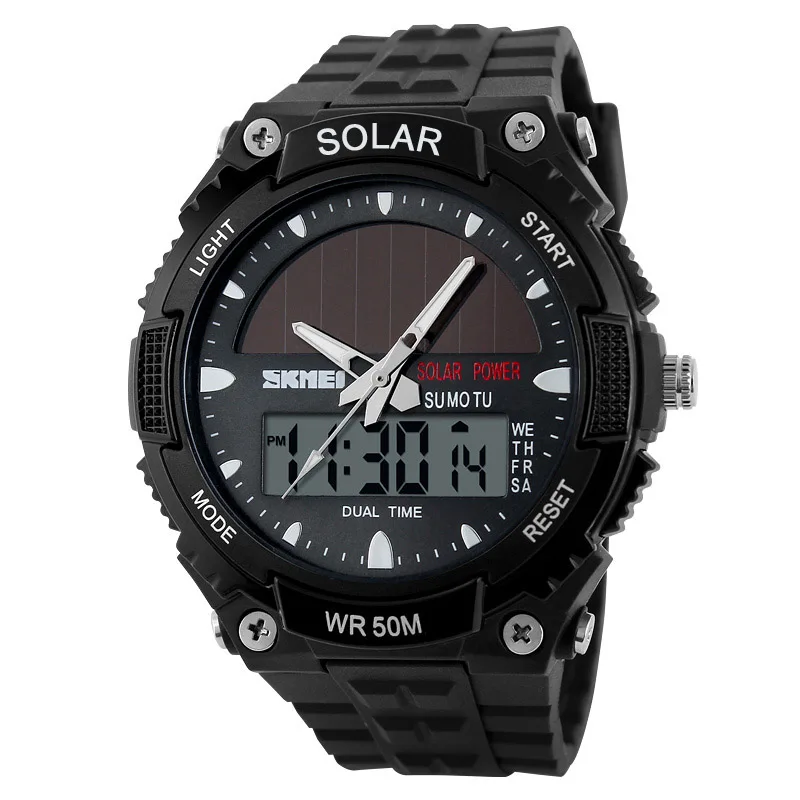 SKMEI Солнечная энергия мужские спортивные часы светодиодный цифровой кварцевые часы 5ATM водонепроницаемые уличные нарядные часы с солнечной батареей военные часы солнечные - Цвет: Черный