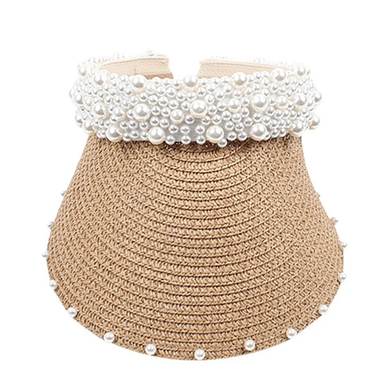 Summer Women Pearl Headband Hat Raffia Visor Caps For Girls Beach Hats Braided Fashion Cap Lady Summer Straw Sun Hat New - Цвет: Хаки