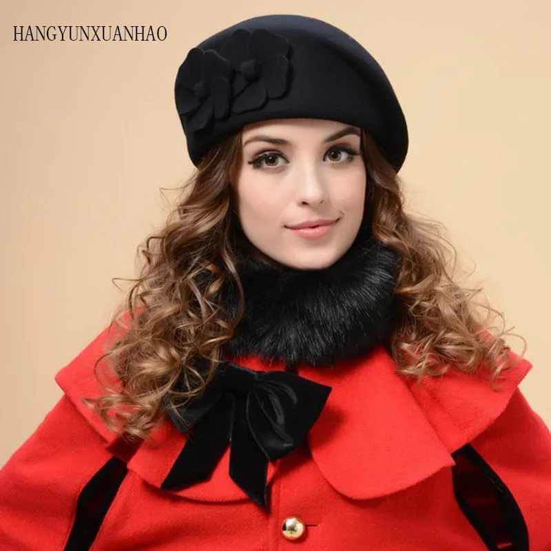 

2019 Flower French Trilby Wool Soft Stewardess Hat gorras planas New Fashion Women Beret Hat For Women Beanie Female Cap