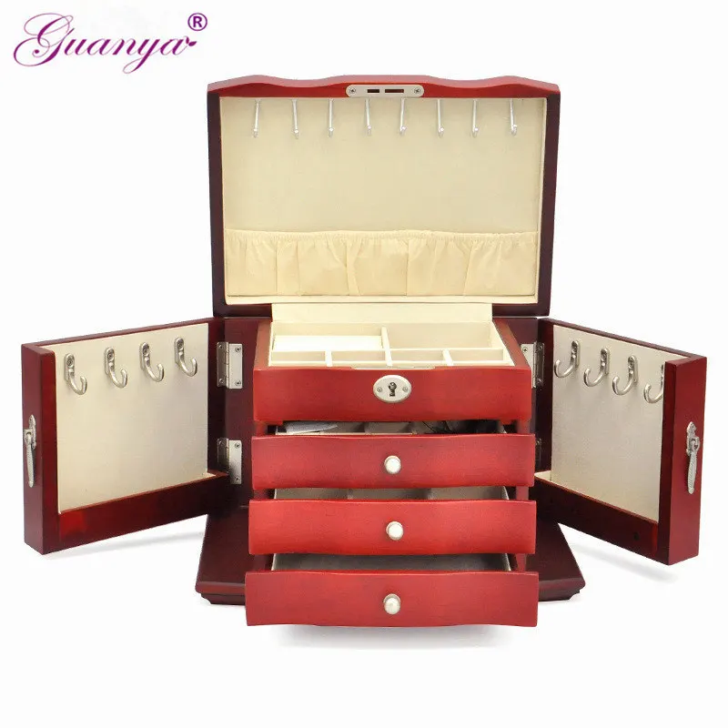 

Guanya multilayer Jewelry box with lock solid wooden ring earrings etc. case Princess large capacity women girls wedding gift